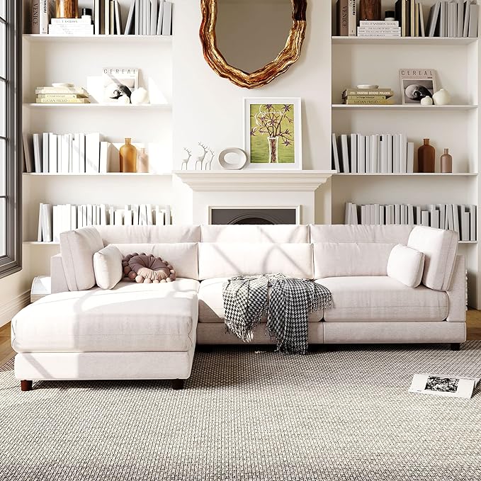 110.6" Modern 2 Pieces L Shaped Sofa with Removable Ottomans and Comfortable Waist Pillows, 4 Seat Large Upholstery Sectional Couch for Living Room, Office, Home, Apartment, 77.2inch, Beige-3 - LeafyLoom