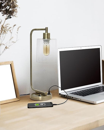 Simple Designs LD1066-ABS-LB Industrial Vintage Bronson Iron Lantern Desk Table Lamp with USB Port and Glass Cylinder Shade for Office, Living Room, Bedroom, Antique Brass, With Feit LED Bulb Included - LeafyLoom