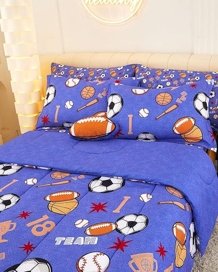 Mooreeke Bed in a Bag for Kids Boys Teens, 8 Pieces Full Size Comforter Bed Set with Shams, Sheet Set and Decorative Toy Pillow, Balls Blue Super Soft Microfiber Kids Comforter Bedding Set - LeafyLoom