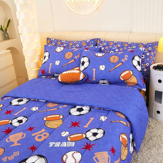 Mooreeke Bed in a Bag for Kids Boys Teens, 8 Pieces Full Size Comforter Bed Set with Shams, Sheet Set and Decorative Toy Pillow, Balls Blue Super Soft Microfiber Kids Comforter Bedding Set - LeafyLoom