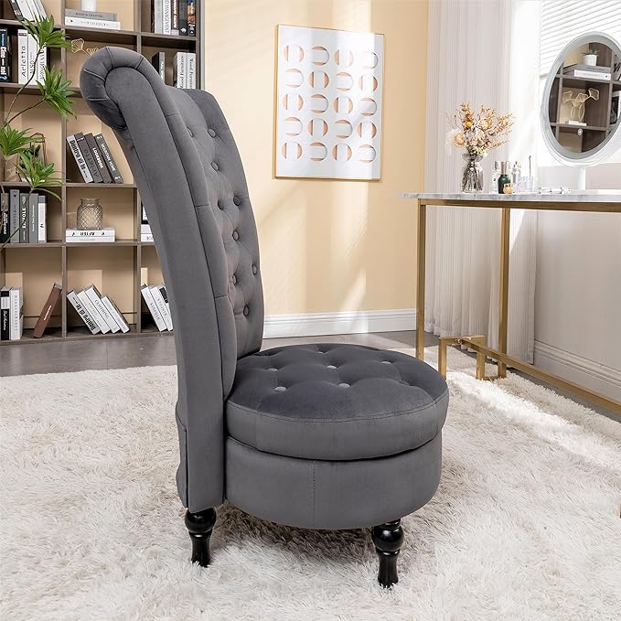 Royal Velvet Accent Chair for Vanity with Storage and Luxurious Upholstery, Retro Design and Versatile Usage for Living Room, Bedroom, Lounge and Office, Grey - LeafyLoom