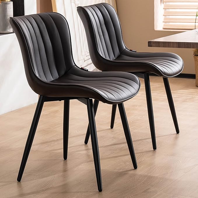 YOUNUOKE Brown Dining Chairs Set of 2 Upholstered Mid Century Modern Kitchen Chairs Armless Faux Leather Accent Guest Side Chair with Back Metal Legs for Living Reception Waiting Room Bedroom - LeafyLoom