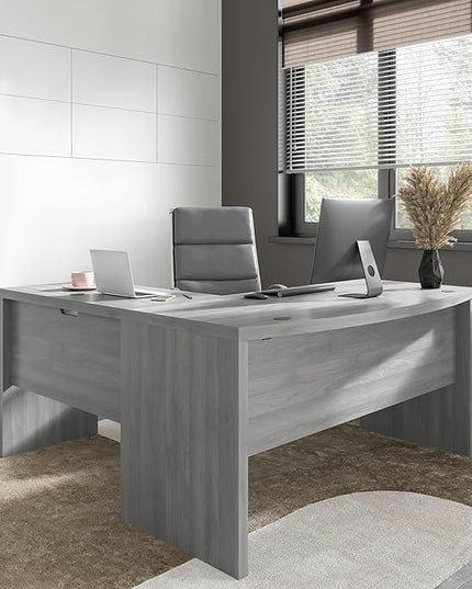 Bush Business Furniture Echo L Shape Desk with Wire Management | Corner Bow Front Table for Home Office with Quick-to-Assemble Hardware, 60W, Modern Gray - LeafyLoom