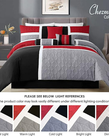 Chezmoi Collection 7-Piece Quilted Patchwork Comforter Set, Red/Gray/Black, Queen - LeafyLoom