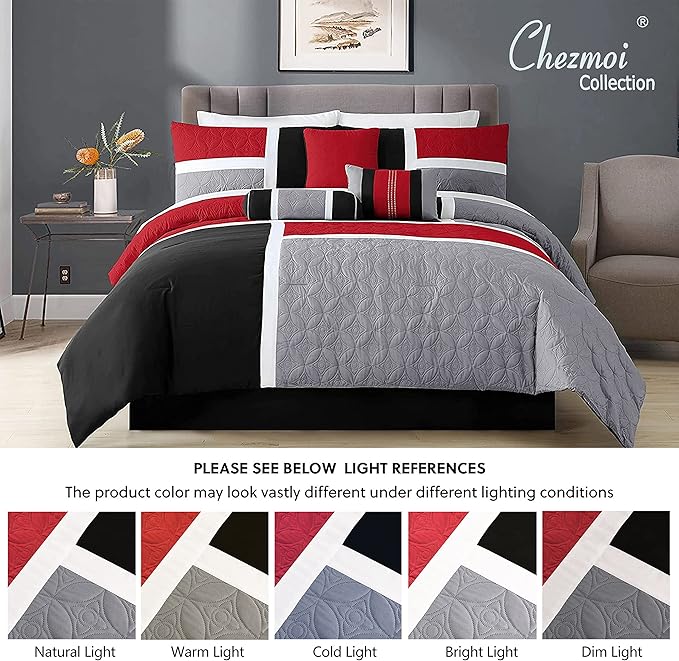 Chezmoi Collection 7-Piece Quilted Patchwork Comforter Set, Red/Gray/Black, Queen - LeafyLoom