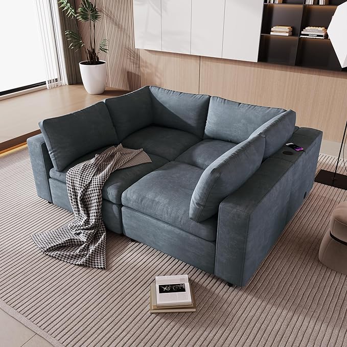 Free Combination Convertible Modular Sectional Sofa, 4 Seater Upholstered Sleeper Corner Couch with USB Ports & Wireless Charging & Speaker,Deep-Seat Sofabed for Living Room Office, Gray 105.9" - LeafyLoom