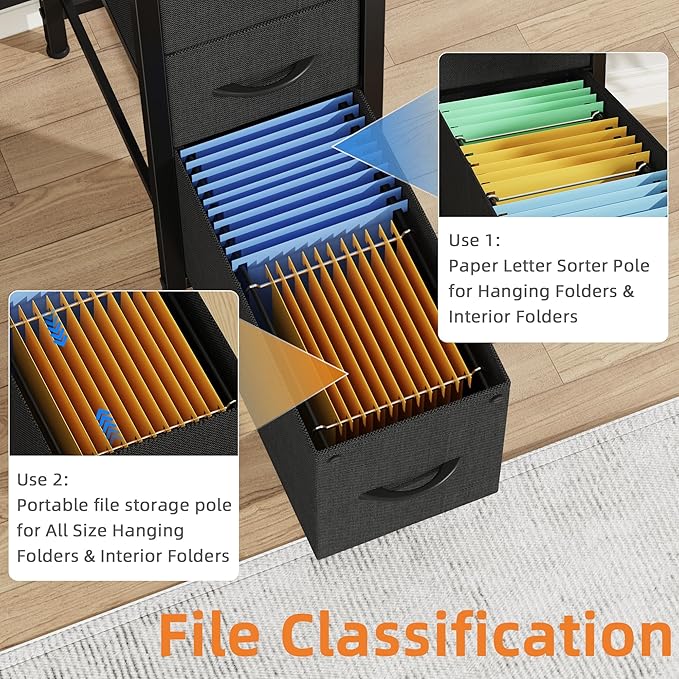 55'' Office Desk with 6 Fabric File Drawers - File Drawer Organization, Computer Work Desk, Study Writing Table, Home Office Workstation, Black. - LeafyLoom