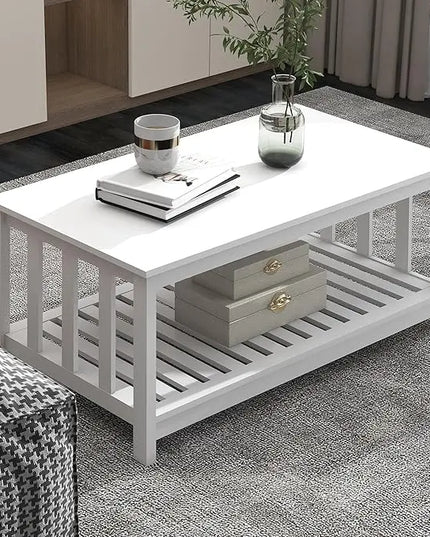TaoHFE White Modern Coffee Table with Storage Shelf 2-Tier Living Room Table Rectangular Center Table 40 Inch Wooden Coffee Tables for Living Room Furniture for Living Room, Meeting Room, Office - LeafyLoom