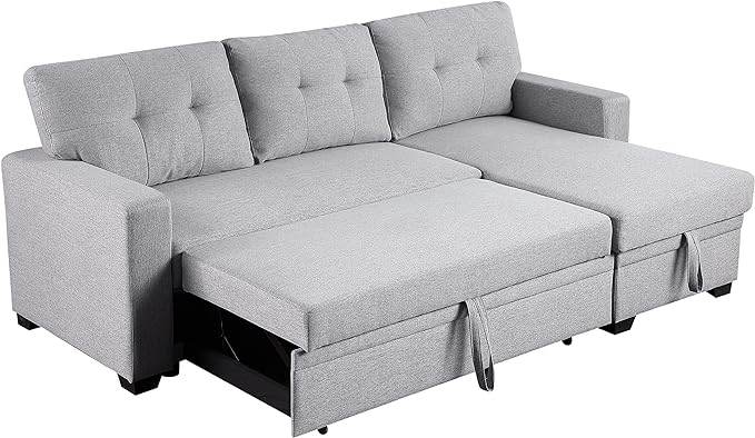 L Shaped Convertible Sofa, 82 Inch Sectional Couch Chaise, Linen Reversible Upholstered Pull Out Bed with Storage Space for Living Room, Apartment and Office, 82inch, Light Gray-2 - LeafyLoom