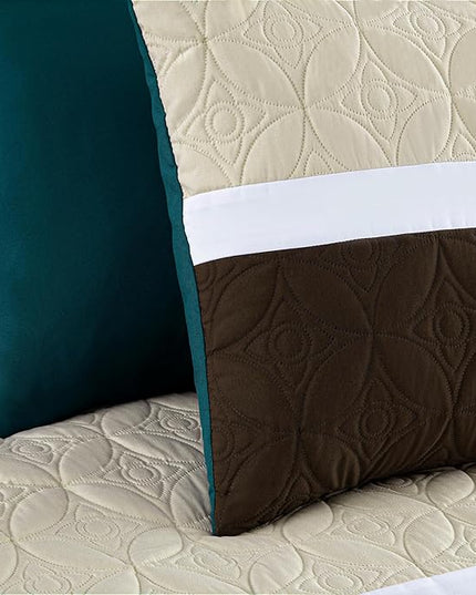 Chezmoi Collection Upland 7-Piece Quilted Patchwork Comforter Set, Teal/Beige/Brown, King - LeafyLoom