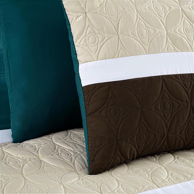 Chezmoi Collection Upland 7-Piece Quilted Patchwork Comforter Set, Teal/Beige/Brown, King - LeafyLoom