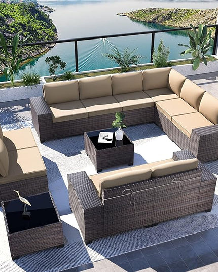 Kullavik 12PCS Outdoor Patio Furniture Set PE Wicker Rattan Sectional Sofa Patio Conversation Sets,Sand - LeafyLoom