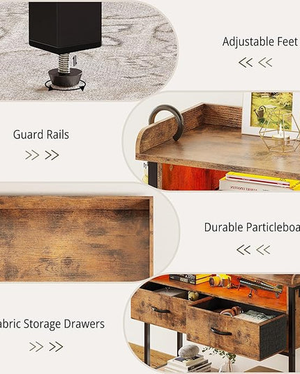 IRONCK Entryway Table with Power Outlet and LED Light, Console Table with 2 Fabric Drawers and Storage Shelves for Entryway, Living Room, Hallway, Vintage Brown - LeafyLoom
