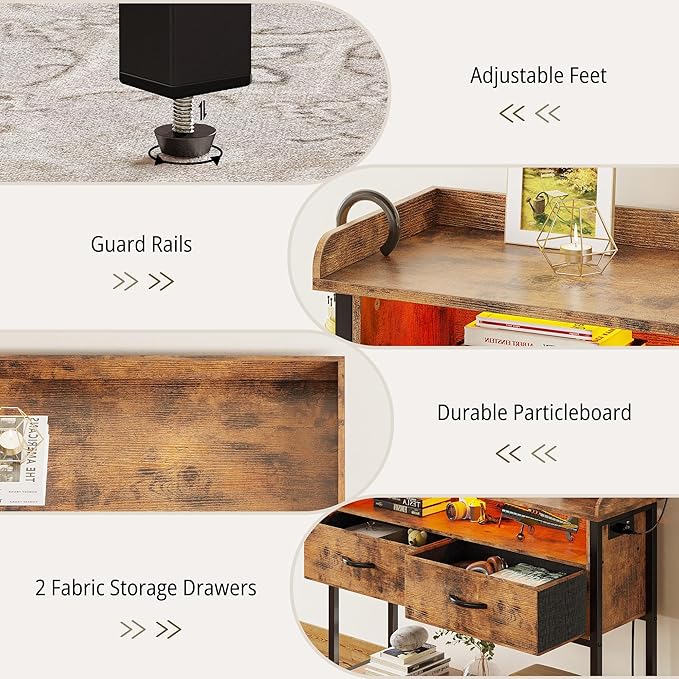 IRONCK Entryway Table with Power Outlet and LED Light, Console Table with 2 Fabric Drawers and Storage Shelves for Entryway, Living Room, Hallway, Vintage Brown - LeafyLoom