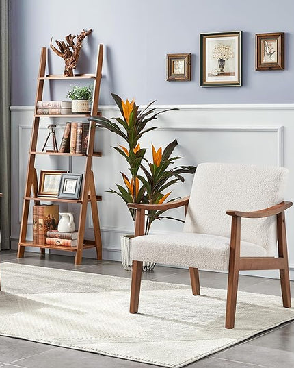 Yaheetech Fabric Accent Chair, Mid-Century Modern Armchair with Solid Wood Legs, Reading Leisure Chair with High Back for Living Room Bedroom Waiting Room,Ivory - LeafyLoom