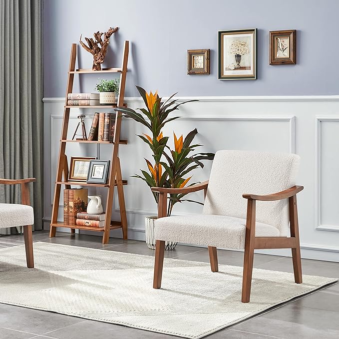 Yaheetech Fabric Accent Chair, Mid-Century Modern Armchair with Solid Wood Legs, Reading Leisure Chair with High Back for Living Room Bedroom Waiting Room,Ivory - LeafyLoom