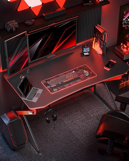 CubiCubi Simple Gaming Desk Z Shaped 40 inch Gamer Workstation, Home Computer Carbon Fiber Surface Gaming Desk PC Table with Headphone Hook - LeafyLoom