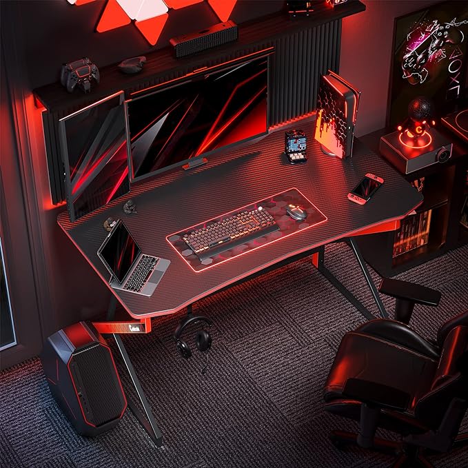 CubiCubi Simple Gaming Desk Z Shaped 47 inch Gamer Workstation, Home Computer Carbon Fiber Surface Gaming Desk PC Table with Headphone Hook - LeafyLoom