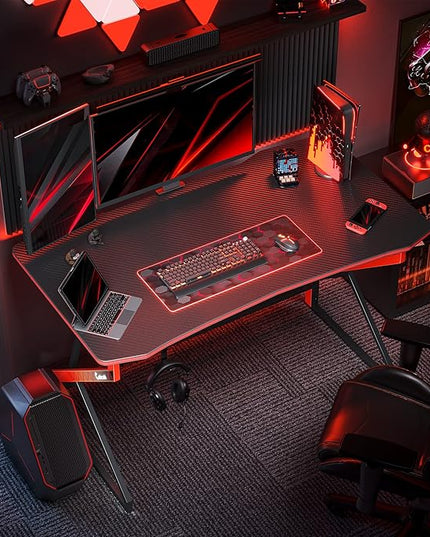 CubiCubi Simple Gaming Desk Z Shaped 55 inch Gamer Workstation, Home Computer Carbon Fiber Surface Gaming Desk PC Table with Headphone Hook - LeafyLoom