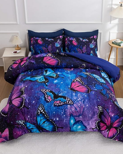 Btargot 3 Piece Butterfly Pattern Girls Comforter Set with 2 Pillow Covers, Galaxy Outer Space Printed Bedding Set for Women, Queen Purple Blue - LeafyLoom