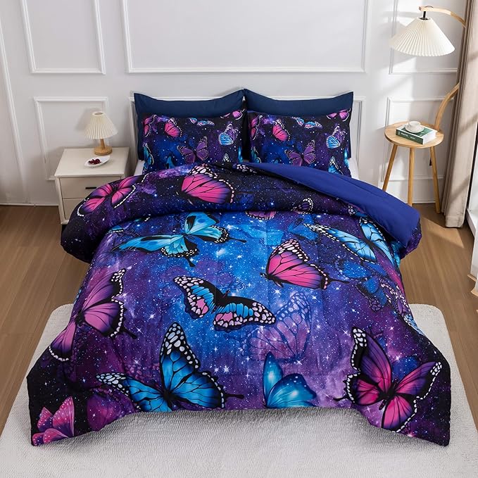 Btargot 3 Piece Butterfly Pattern Girls Comforter Set with 2 Pillow Covers, Galaxy Outer Space Printed Bedding Set for Women, Full Purple Blue - LeafyLoom