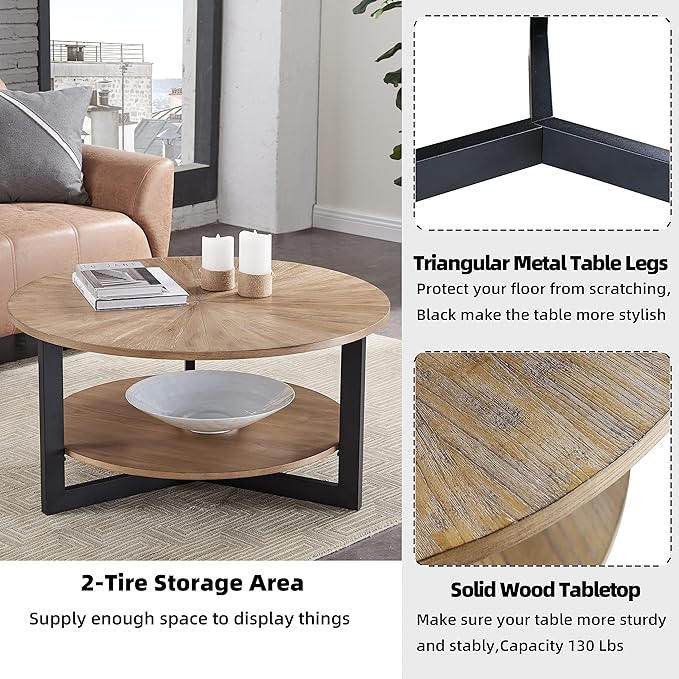 33.5" Round Coffee Table with 2-Tier Storage, Farmhouse Living Room Cocktail Table with Black Metal Leg, Solid Wood Industrial Sofa Center Table,Easy Assembly, Rustic Natural KFZ1338 - LeafyLoom