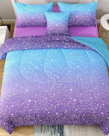 JQinHome Full Blue Purple Comforter Set, 6 Piece Bed in A Bag 3D Colorful Ombre Bedding Set for Girls Women (1 Comforter,2 Pillowcases,1 Flat Sheet,1 Fitted Sheet,1 Cushion Cover)(Blue Purple) - LeafyLoom