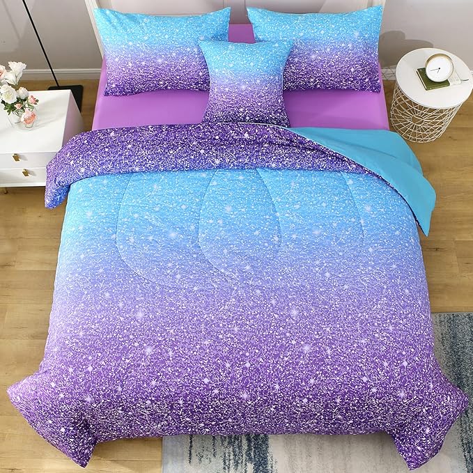 JQinHome Full Blue Purple Comforter Set, 6 Piece Bed in A Bag 3D Colorful Ombre Bedding Set for Girls Women (1 Comforter,2 Pillowcases,1 Flat Sheet,1 Fitted Sheet,1 Cushion Cover)(Blue Purple) - LeafyLoom