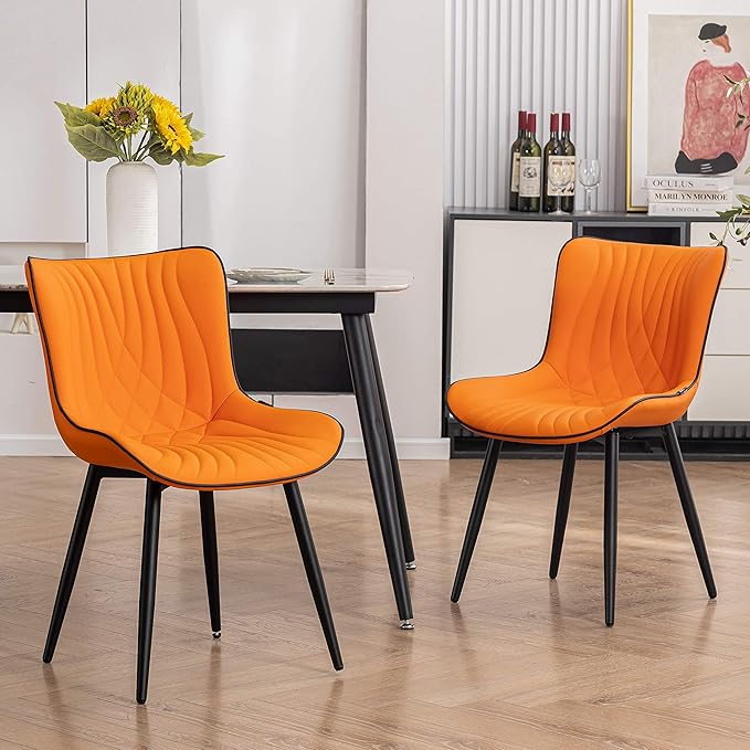 YOUTASTE Dining Chairs Set of 2 Upholstered Mid Century Modern Kitchen Dining Room Chairs Armless Faux Leather Accent Chairs Metal Vanity Lounge Chair with Back for Living Room Bedrooms,Orange - LeafyLoom