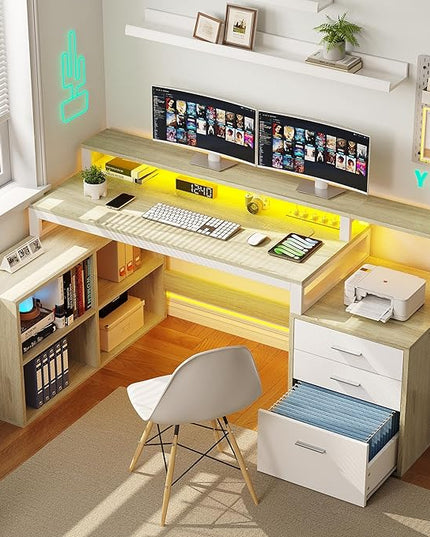 YITAHOME L Shaped Desk with 3 Drawers, 65" Corner Computer Desk with Power Outlets & LED Lights, L-Shaped Desk with File Cabinet & Printer Stand for Home Office, White & Oak - LeafyLoom