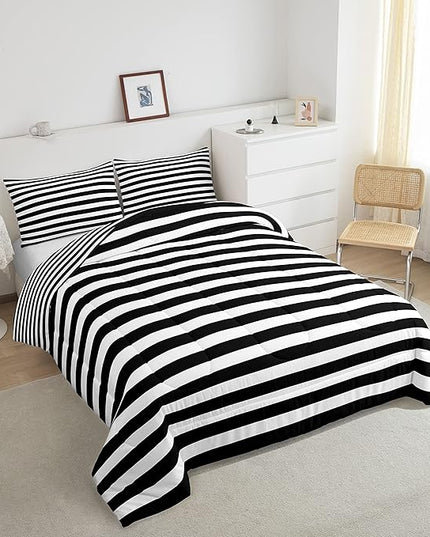 Striped Comforter Set Black and White Stripe Bedding Set Queen Kids Boys Girls Women Men Farmhouse Ticking Stripes Duvet Set Modern Geometric Lines Adults Abstract Gothic Home Decor Soft Reversible - LeafyLoom