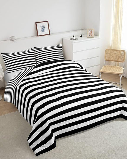 Striped Comforter Set Black and White Stripe Bedding Set Full Kids Boys Girls Women Men Farmhouse Ticking Stripes Duvet Set Horizontal Stripes Adults Abstract Gothic Home Decor Soft Reversible - LeafyLoom