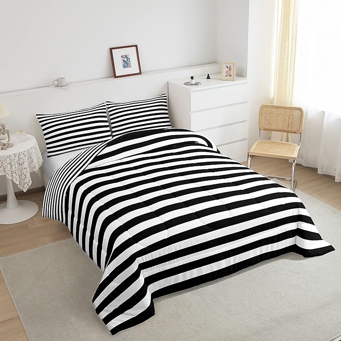 Striped Comforter Set Black and White Stripe Bedding Set Full Kids Boys Girls Women Men Farmhouse Ticking Stripes Duvet Set Horizontal Stripes Adults Abstract Gothic Home Decor Soft Reversible - LeafyLoom