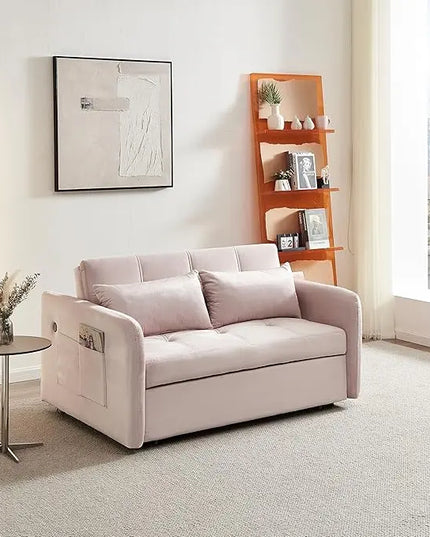 Velvet Tufted Convertible Pull Out Sofa Bed , 3 in 1 Multi-Functional Futon Lounge Chair Sleeper Couch Bed, Pullout Sofá with Adjustable Backrest and USB Ports for Living Room Small Space Apartment - LeafyLoom