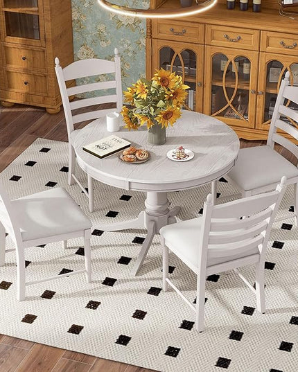 5-Piece Wooden Round Extendable Dining Table and 4 Upholstered Chairs Set for Kitchen Room Furniture, Retro Style, Antique White, 42"-58" L x 42" W x 30" H - LeafyLoom