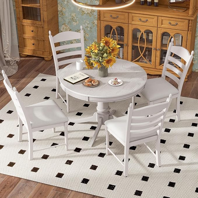 5-Piece Wooden Round Extendable Dining Table and 4 Upholstered Chairs Set for Kitchen Room Furniture, Retro Style, Antique White, 42"-58" L x 42" W x 30" H - LeafyLoom