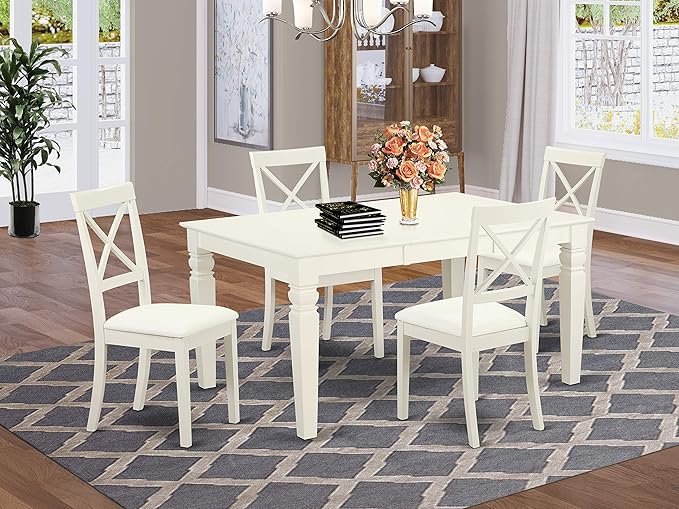East West Furniture WEBO7-LWH-LC 7 Piece Set Consist of a Rectangle Dinner Table with Butterfly Leaf and 6 Faux Leather Dining Room Chairs, 42x60 Inch, Linen White - LeafyLoom