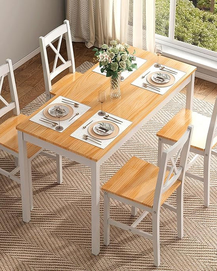 sogesfurniture 5-Piece Dining Table Set, Pine Wood Kitchen Table with 4 Chairs,Indoor Modern Rectangular Dining Table Furniture Set for Kitchen, Dining Room, Dinette, Breakfast Nook, Oak&White - LeafyLoom