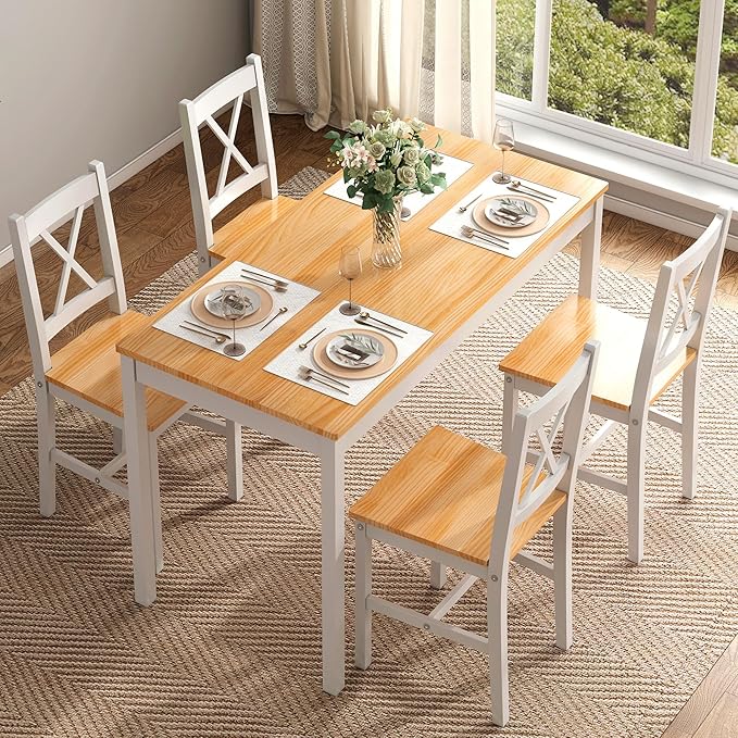 sogesfurniture 5-Piece Dining Table Set, Pine Wood Kitchen Table with 4 Chairs,Indoor Modern Rectangular Dining Table Furniture Set for Kitchen, Dining Room, Dinette, Breakfast Nook, Oak&White - LeafyLoom