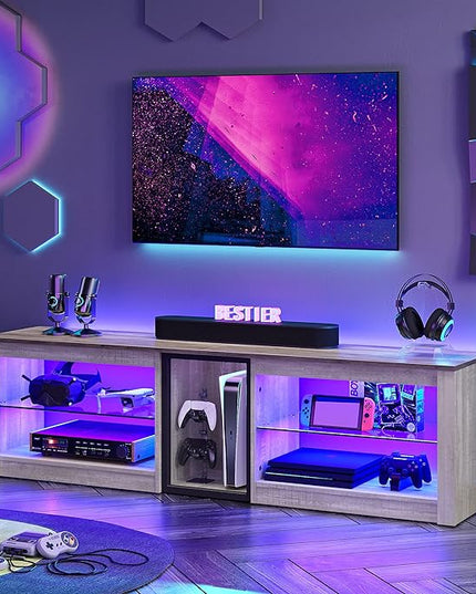 Bestier TV Stand for 70 inch TV, Gaming Entertainment Center for PS5, LED TV Cabinet with Glass Shelves for Living Room, 63'' Inch, White Wash - LeafyLoom
