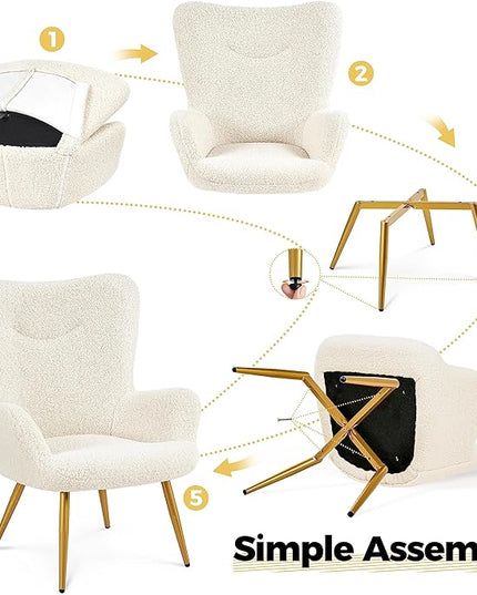 Yaheetech Accent Chair and Ottoman Set, Sherpa Armchair with Golden Metal Legs and High Back, Footstool for Living Room, Lounge, Ivory - LeafyLoom