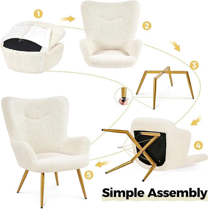 Yaheetech Accent Chair and Ottoman Set, Sherpa Armchair with Golden Metal Legs and High Back, Footstool for Living Room, Lounge, Ivory - LeafyLoom