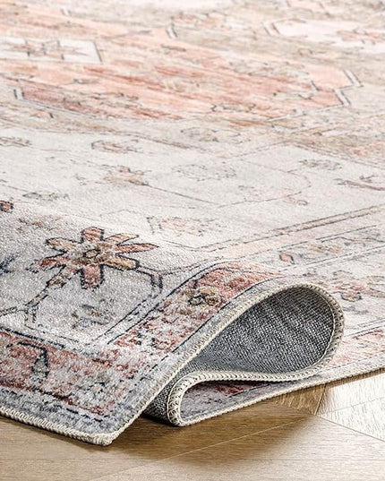 nuLOOM 5x8 Machine Washable Rain Haven Vintage Medallion Area Rug, Beige, Traditional Faded Design, Non-Slip Backing, Stain Resistant, For Bedroom, Dining Room, Living Room, Kitchen - LeafyLoom