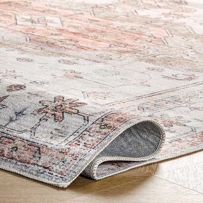 nuLOOM 5x8 Machine Washable Rain Haven Vintage Medallion Area Rug, Beige, Traditional Faded Design, Non-Slip Backing, Stain Resistant, For Bedroom, Dining Room, Living Room, Kitchen - LeafyLoom