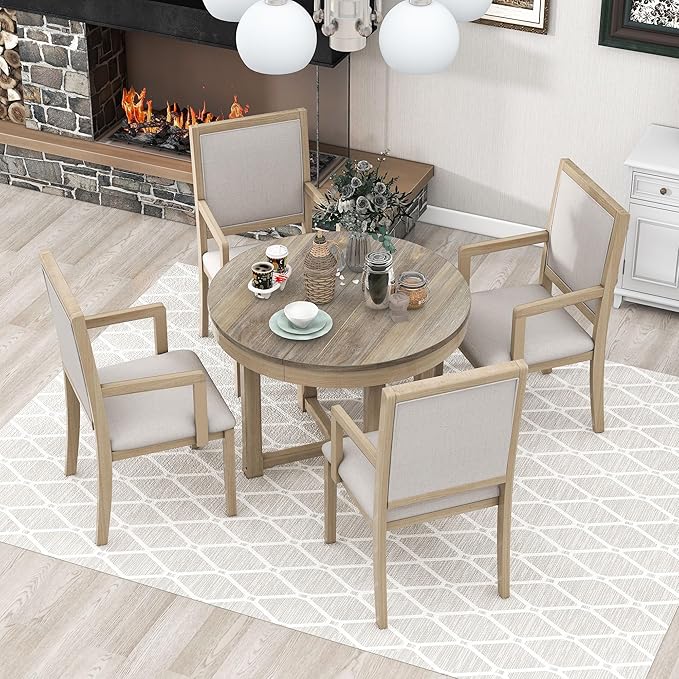 NicBex Kitchen & Dining Room Tables Dining Room Table Set 5-Piece Dining Table Set, Extendable Butterfly Leaf Wood Dining Table and 4 Upholstered Dining Chairs, Natural Wood Wash - LeafyLoom