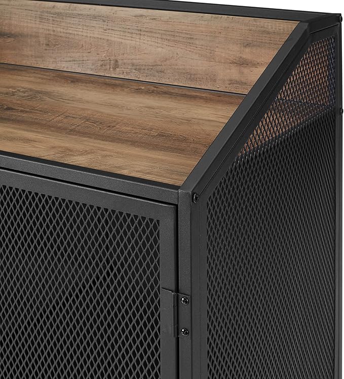 Walker Edison Malcomb Urban Industrial Metal Mesh Double Door Rolling Bar Cabinet, 33 Inch, Rustic Oak - LeafyLoom