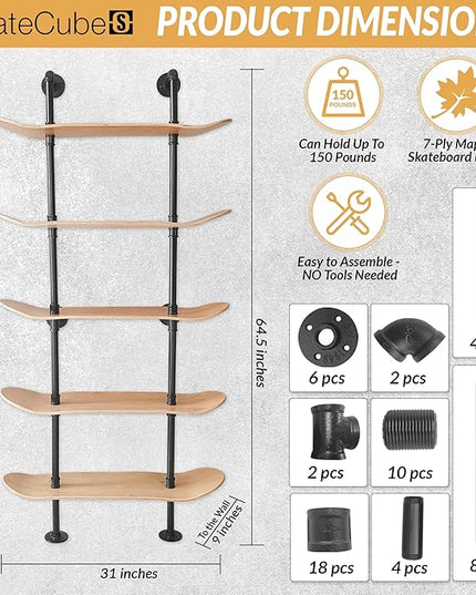 Industrial Shelves - 5 Tier Industrial Decor Pipe Bookcase Using 7 Ply Skateboard Decks - Natural Wood Stain Finish - Bathroom Wall Decor, Living Room Furniture, Book Shelf for Skateboard Enthusiasts - LeafyLoom