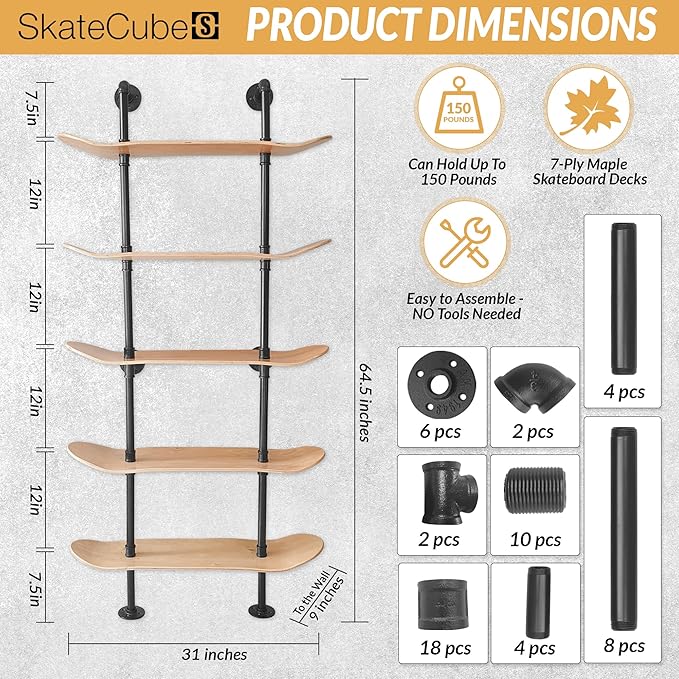 Industrial Shelves - 5 Tier Industrial Decor Pipe Bookcase Using 7 Ply Skateboard Decks - Natural Wood Stain Finish - Bathroom Wall Decor, Living Room Furniture, Book Shelf for Skateboard Enthusiasts - LeafyLoom