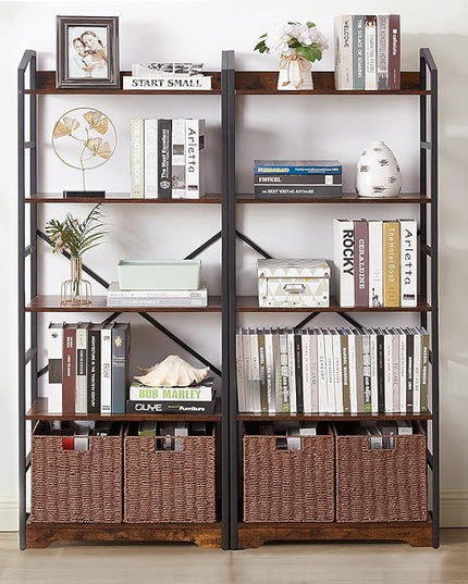 Vagusicc 5 Tier Bookshelf with 2 Storage Baskets, Tall Bookcase Shelf Storage Organizer Wood Book Shelf, Modern Shelf Rack Shelves with Steel Frame, Multipurpose Bookshelf for Bedroom Living Room - LeafyLoom