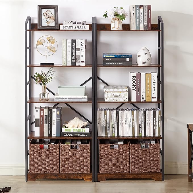 Vagusicc 5 Tier Bookshelf with 2 Storage Baskets, Tall Bookcase Shelf Storage Organizer Wood Book Shelf, Modern Shelf Rack Shelves with Steel Frame, Multipurpose Bookshelf for Bedroom Living Room - LeafyLoom
